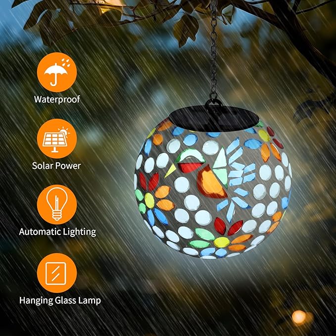 VCUTEKA Solar Chandelier Outdoor, Hanging Mosaic SolarLights with Hook Up, Solar Garden Lantern Decor for Yard, Deck and Patio, White-VerdiqueGarden