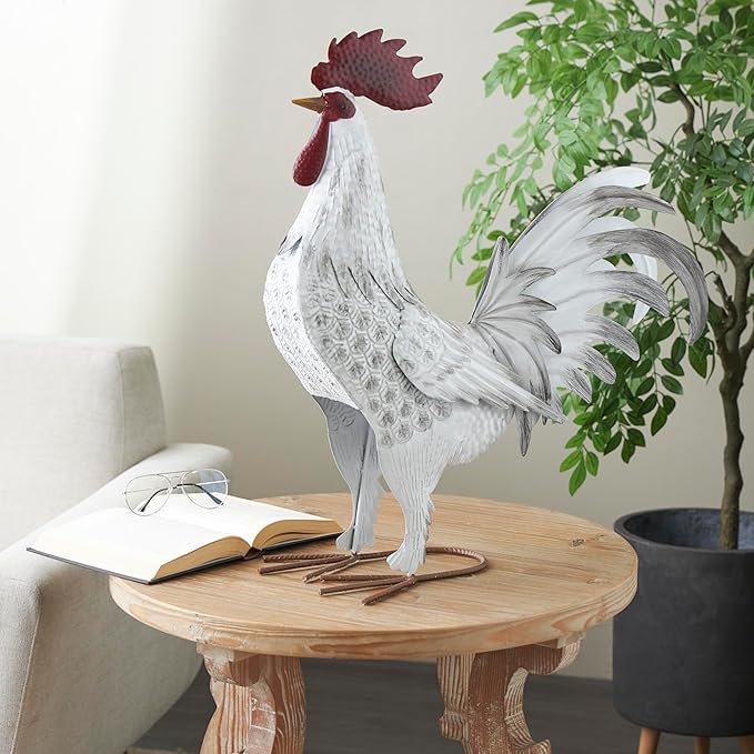 Deco 79 Metal Rooster Decorative Garden Sculpture Garden Statue with Black Texturing and Red Accents, Outdoor Sculpture 15" x 6" x 18", White-VerdiqueGarden
