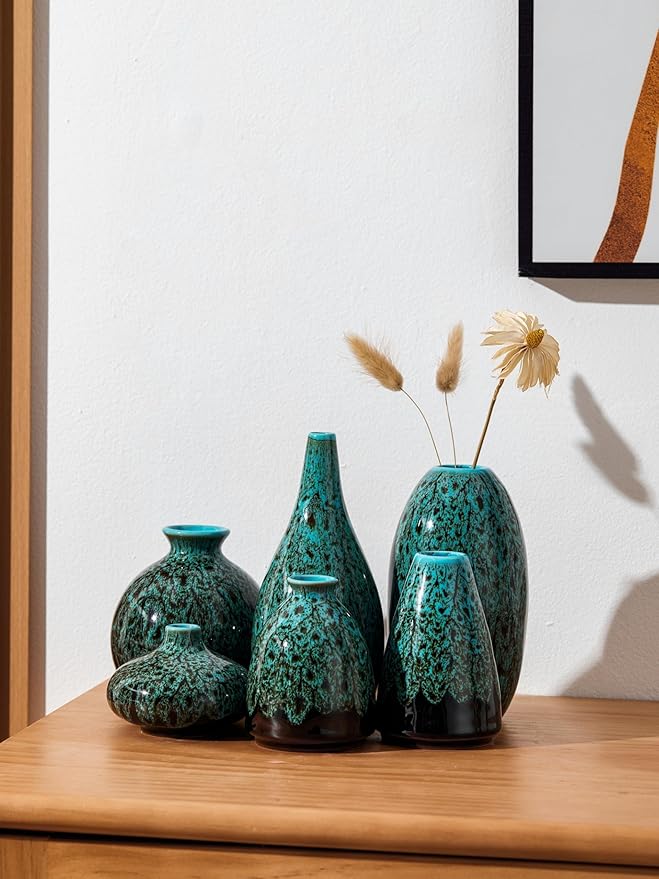 Ceramic Bud Vase Set, Fambe Blue Glazed Finish, Decorative Flower Vases (Blue-Set of 6)-VerdiqueGarden