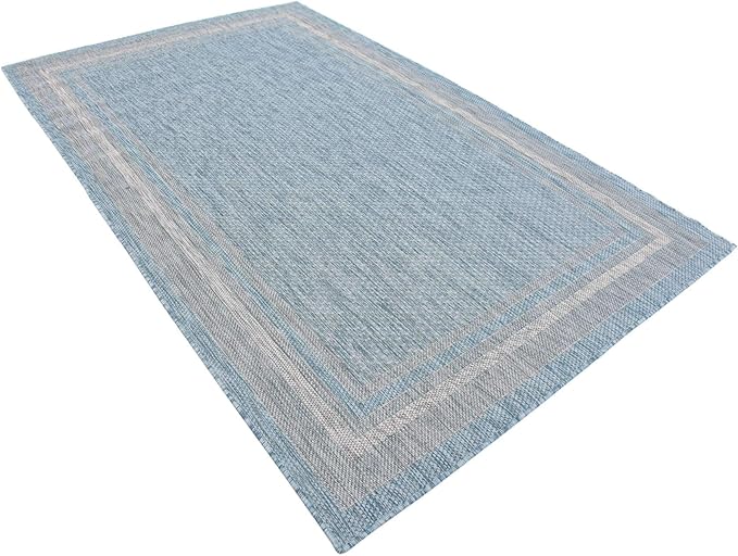 Unique Loom Outdoor Border Collection Area Rug - Soft Border (5' 1" x 8' Rectangle, Aquamarine/ Ivory)-VerdiqueGarden
