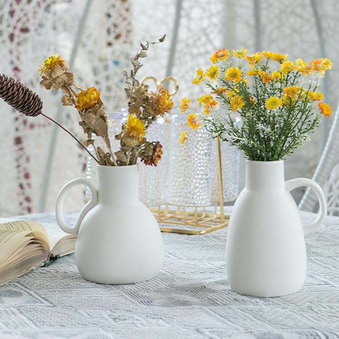 White Ceramic Vase Set - 2 Small Vases with Handle, Pottery Vases for Modern Home Decor, Minimalist Matte Pitcher for Fowers, Decorative Clay Vase Centerpiece Dining Table Decorations-VerdiqueGarden