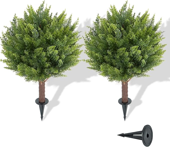 Artificial Cedar Shrub Ball Trees Two 15.8inch with Ground Spikes, can be Planted in The Ground and in pots, Outdoor Artificial Plants Resistant to UV Rays-VerdiqueGarden