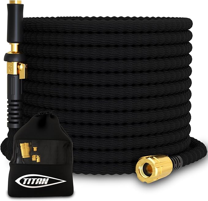 TITAN Flexible Garden Hose 15FT – Ultra Lightweight, Heavy Duty Water Hose with Brass Fittings & Jet Nozzle – Kink-Free, Non-Expanding, Durable Fabric Hose for Yard, Lawn, Car Wash, Outdoor Use-VerdiqueGarden
