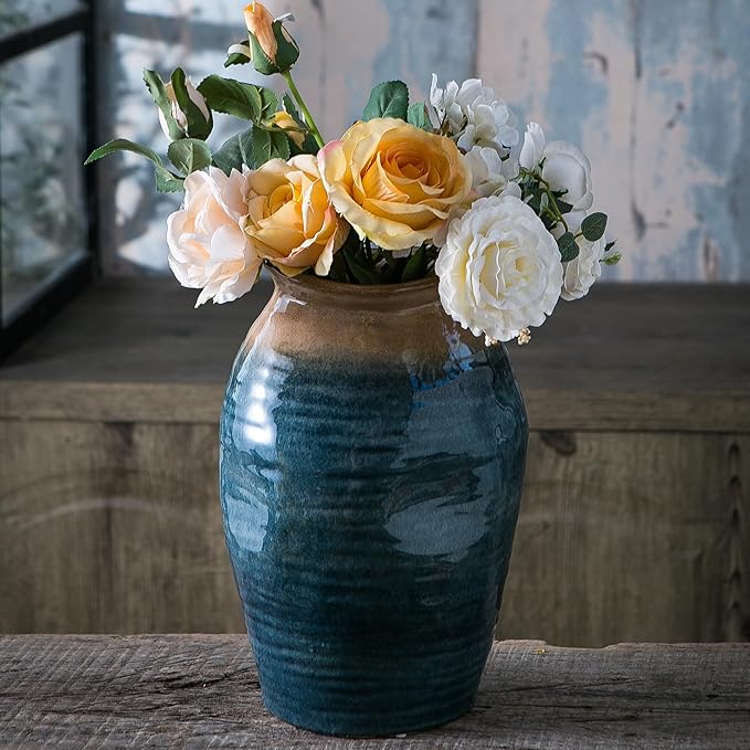 Blue Floor Vase, Ceramic Glazed Large Vase for Modern Farmhouse Home Decor, Rustic Terracotta Pottery, Vintage Clay Vase for Living Room Entryway Centerpiece-VerdiqueGarden