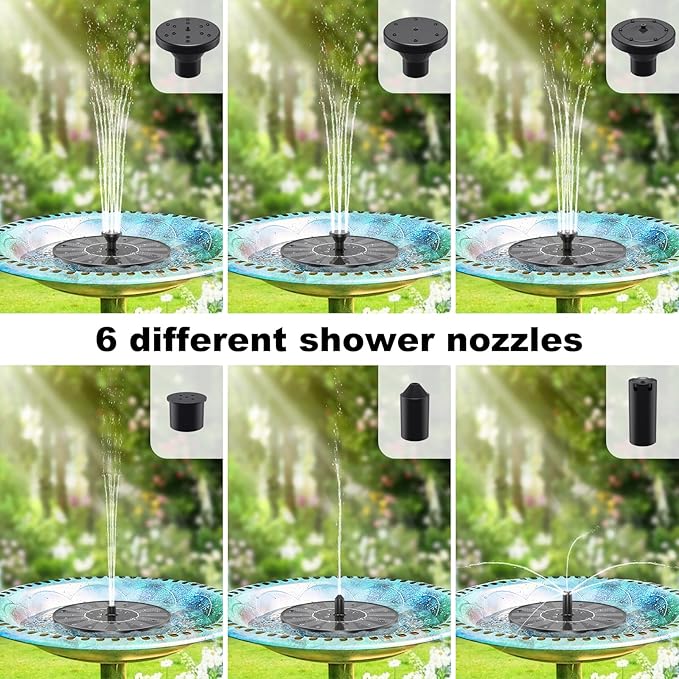 Solar Fountains,Solar Water Fountain,Solar Powered Bird Bath Fountain with 6 Nozzles - Free Standing Floating Solar Water Fountain for Bird Bath, Garden, Pond, Pool (Black-1.4W)-VerdiqueGarden