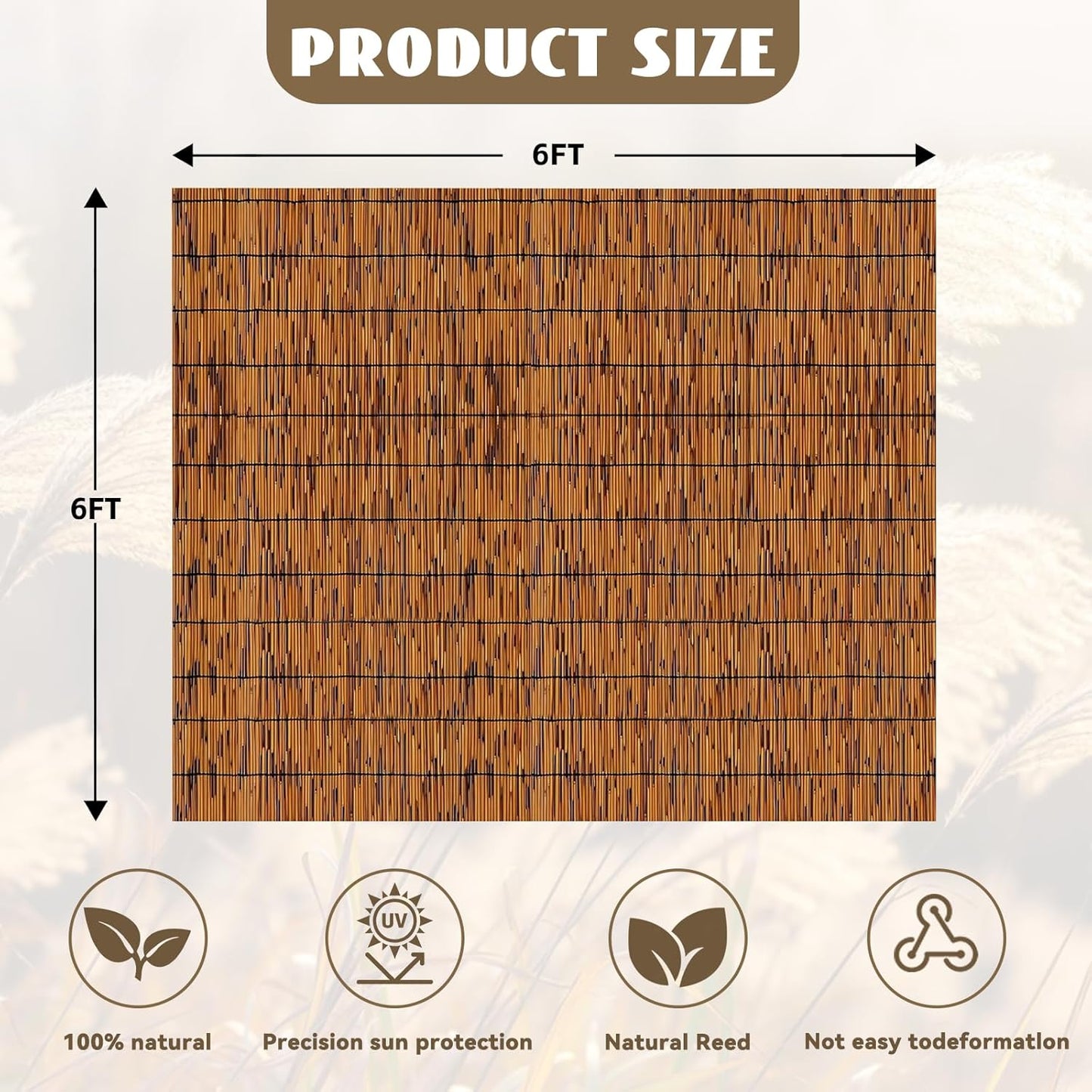 Bamboo Privacy Fence, Light Russet Bamboo Reed Fencing 6ft High, Decorative Reed Rolls Privacy Screens for Patio Garden Balcony Backyard Outdoor, 6 x 6 FT-VerdiqueGarden