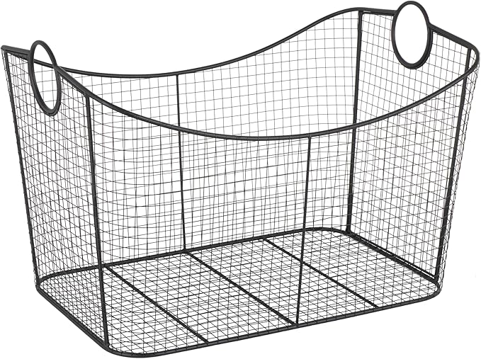 Deco 79 Metal Large Open Frame Wire Grid Storage Basket with Curved Sides and Ring Handles, 30" x 20" x 20", Black-VerdiqueGarden