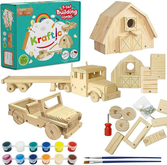 Kraftic Woodworking Building Kit for Kids and Adults, Set of 3 Educational DIY Carpentry Construction Wood Model Kit Toy Projects for Boys and Girls - Off-Road Vehicle, Flatbed Truck, Barn Birdhouse-VerdiqueGarden