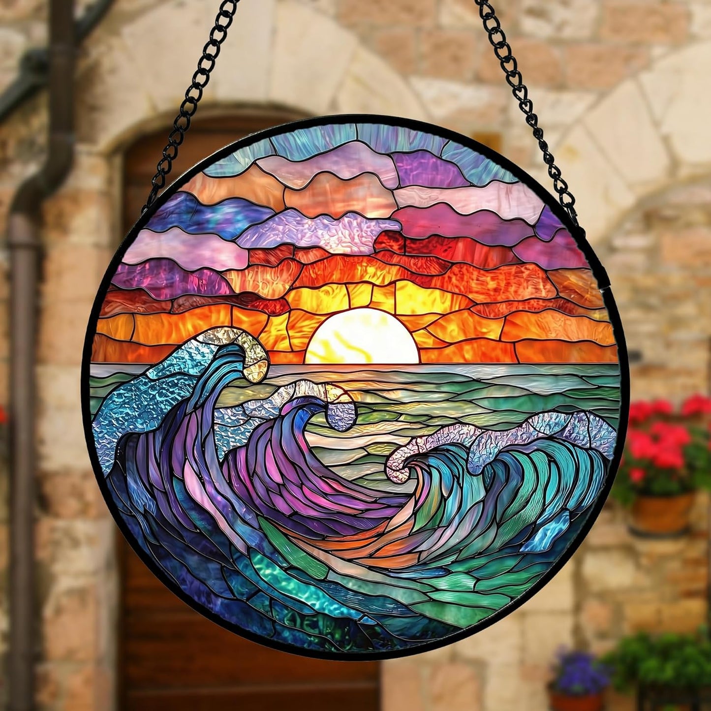 Stained Glass Window Hanging, Clouds and Sea Waves Suncatcher Diamond Glass Panel Hangings Scenery Sun Catchers Decor for Birthday for Women, Men, Wife, Aunt, and Mom 9.8 in-VerdiqueGarden