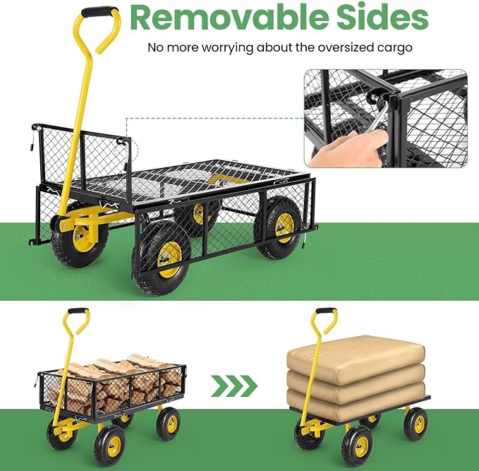 Homdox MAX 880 Lbs Garden Cart, Heavy Duty Foldable Mesh Steel Garden Wagon with 180° Rotating Handle and 10 Inch Tires, Pullable Yard Cart for Yard Garden Beach Farm, Yellow with Bag-VerdiqueGarden