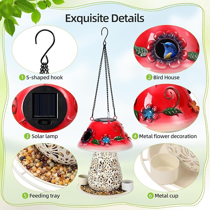 Mushroom Solar Bird Feeders for Outdoors Hanging Metal Wild Bird Feeder Garden Lantern with S Hook for Garden Decoration red-VerdiqueGarden