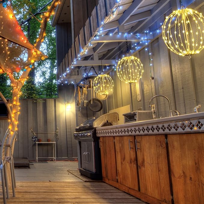 Hotelstar 96LED Foldable Light Sphere - 12IN Hanging, Pathway & Tree Light with Hook & Stake for Outdoor Garden, UL Listed, White Metal Frame, Warm White Light-VerdiqueGarden