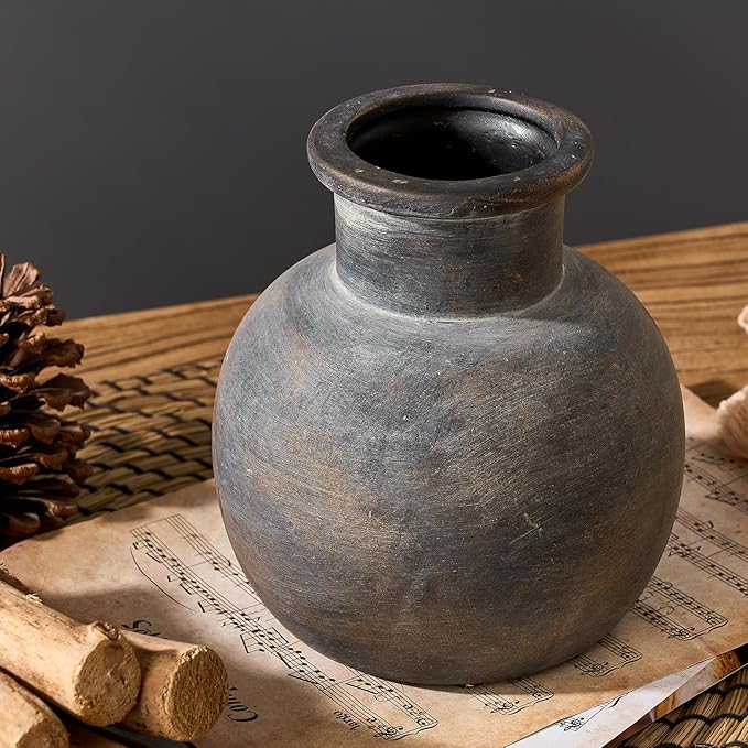 SIDUCAL Ceramic Rustic Farmhouse Vase | 6 Inch Pottery Decorative Flower | Boho | Terracotta Vase for Home Decor Table, Living Room, Bathroom Decoration, Shelf Decor, Mantel, Bronze-VerdiqueGarden