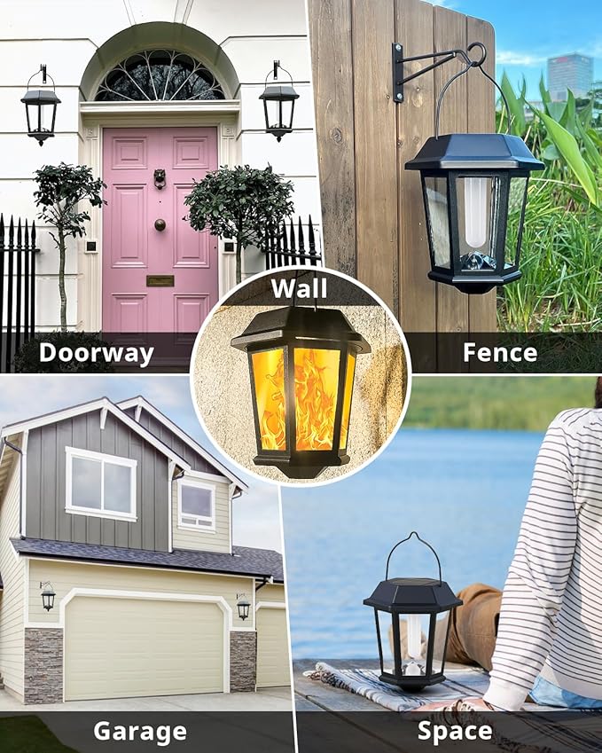 Solar Lanterns Outdoor Waterproof, Hanging Solar Lights with Glass Shade - 2 Pack LED Metal Wall Mount Outdoor Light for Yard/Garden/Patio - Flame-VerdiqueGarden