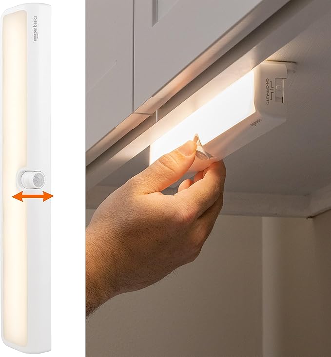 Amazon Basics LED USB/Battery Operated Light Bar, Swivel Motion Sensor, Stick on Lights, 250 Lumens, 12 Inches, Under Cabinet Lighting, Closet, Kitchen, 2 Pack, White-VerdiqueGarden