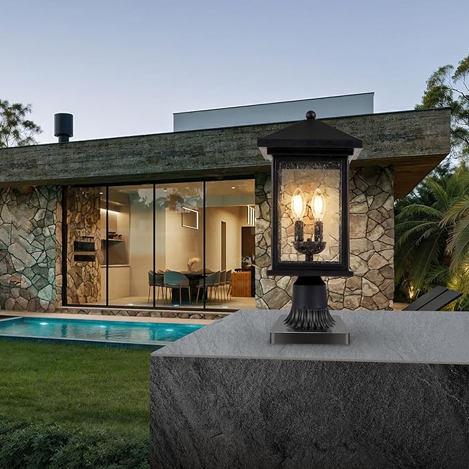 Outdoor Post Light, Waterproof Pole Lantern Lighting Fixture with Tempered Clear Seeded Glass, Matte Black Finish for Outdoors (Large Post Light)-VerdiqueGarden