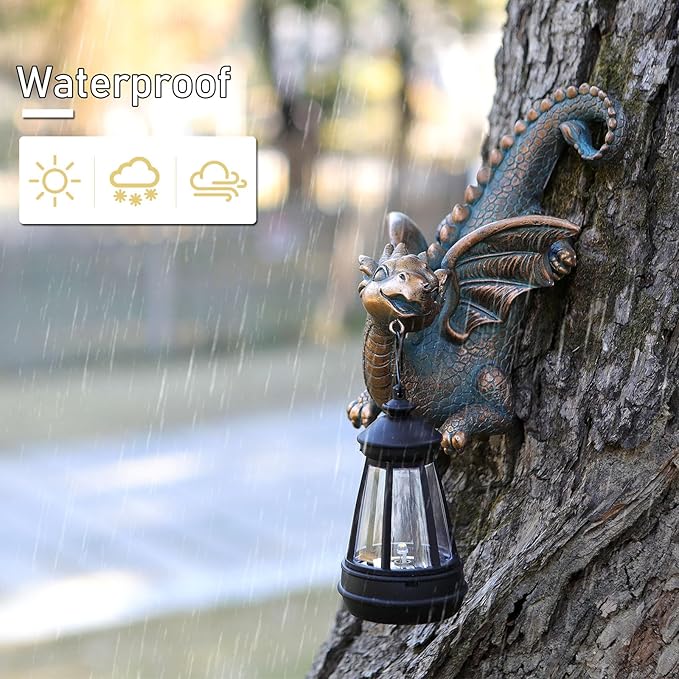 Dragon Solar Garden Statue - Gothic Outdoor Wall Hanging Decor with Solar Light, Fantasy Dragon Figurine for Patio, Yard, or Tree - Unique Whimsical Gift for Adults, Men & Women-VerdiqueGarden