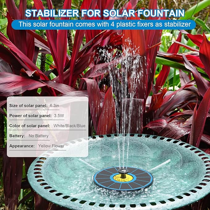 Solar Fountain for Bird Bath, 3.5W Upgraded Solar Bird Bath Fountain with 4 Fixed Pipes 7 Nozzles No Battery, Solar Fountain Pump for Bird Bath Small Ponds Pool Outdoor(Blue)-VerdiqueGarden