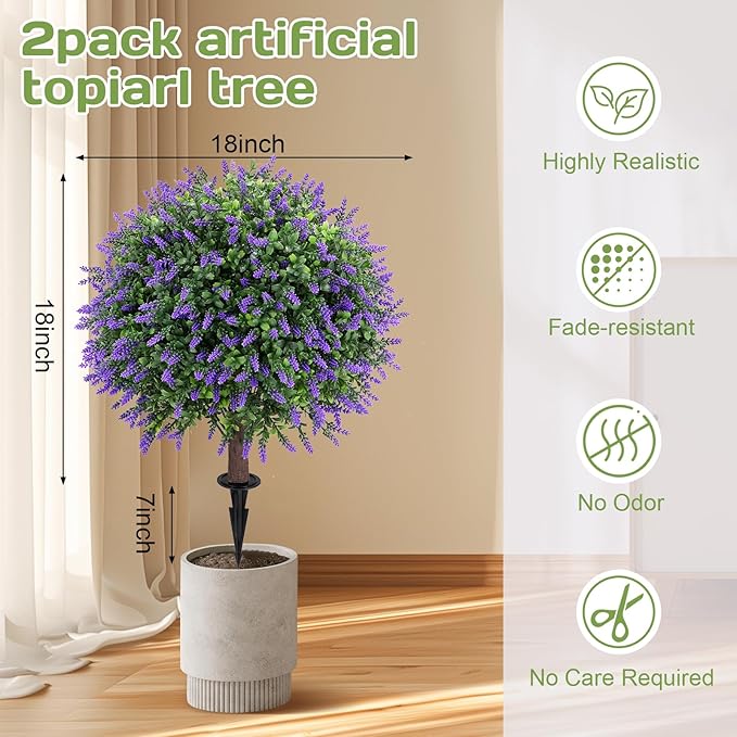 Artificial Lavender Topiary Ball Tree 25" with Ground Spike, Set of 2 Artificial Boxwood Bushes for Faux Shrubs, Fake Evergreen Faux Plant for Indoor Outdoor Porch Garden -UV Resistant–Fade-Proof-VerdiqueGarden