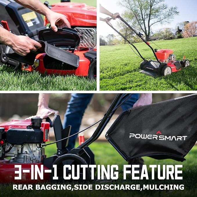 PowerSmart Lawn Mower Gas Powered, 18-Inch 144cc Engine 3-in-1 Walk-Behind Push Lawn Mower, Oil Included-VerdiqueGarden