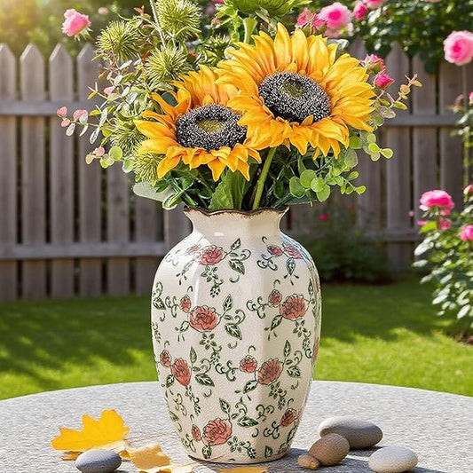 Green&Beige Vintage Octagonal Vase, Red Rose Chinoiserie Floral Vase, Farmhouse Antique Decorative Ceramic Flower Vases for Bouquet, Home Decor, Living Room, Bookshelf, Office, Tuscan Decor 9.1 Inch-VerdiqueGarden