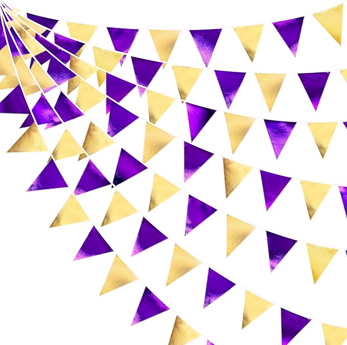 Purple and Gold Party Decorations Metallic Fabric Triangle Pennant Banner Flag Bunting Garland for Graduations Birthday Retirement Wedding Baby Shower Bachelorette Halloween Outdoor Party Supplies-VerdiqueGarden