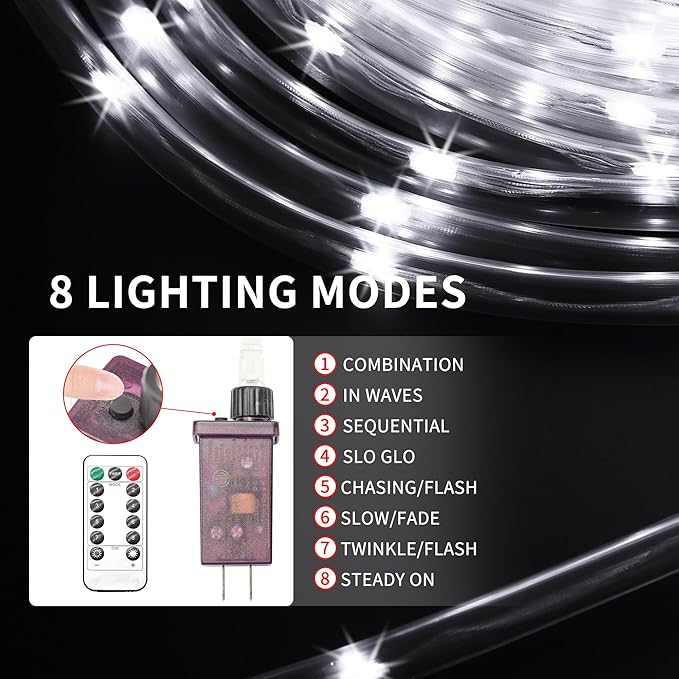 LED Rope Lights for Outside 150Ft Waterproof Rope Lighting 643 LEDs 110V 8 Modes Remote Control Timer Christmas Rope Lights for Indoor Outdoor Party Holiday Garden Decoration (White)-VerdiqueGarden