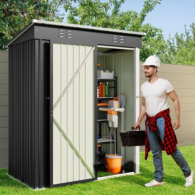 Gizoon 5 'x 3'Outdoor Storage Shed with Singe Lockable Door,Galvanized Metal Shed with Air Vent Suitable for The Garden,Tiny House Storage Sheds Outdoor for Backyard Patio Lawn-Dark Gray-VerdiqueGarden