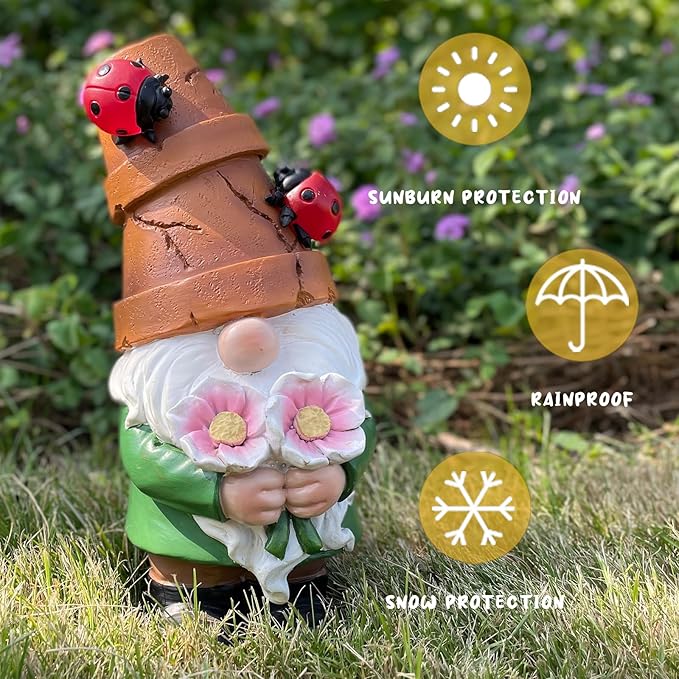 Garden Gnome Statues Outdoor Decor, Solar Gnomes with LED Lighted Flowers, Solar Resin Outdoor Statue Sculpture, for Woman Gift Home and Garden Decor-VerdiqueGarden