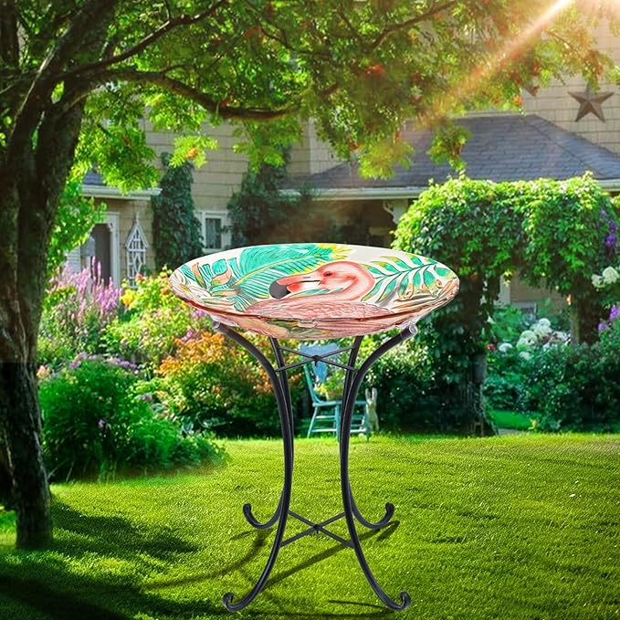 VCUTEKA 18" Outdoor Glass Birdbath with Sturdy Metal Stand for Lawn, Yard, or Garden Decor Bird Lovers Gift, Flamingo Bird Bath Detachable, 22" Height-VerdiqueGarden