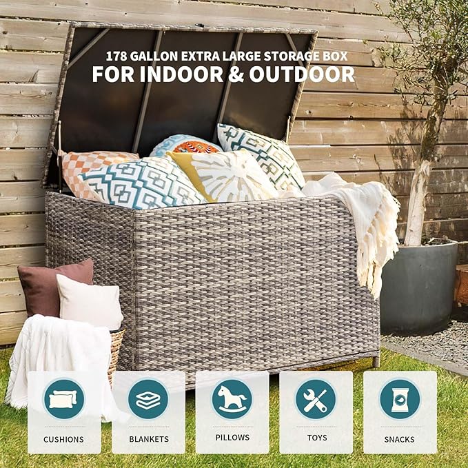 178 Gallon Outdoor Storage Box, Patio Deck Box with 2 Wheels, Handle Large Portable Wicker Rattan Deck Box for Patio Furniture Cushions, Throw Pillows, Garden Tools and Pool Floats (Gray)-VerdiqueGarden