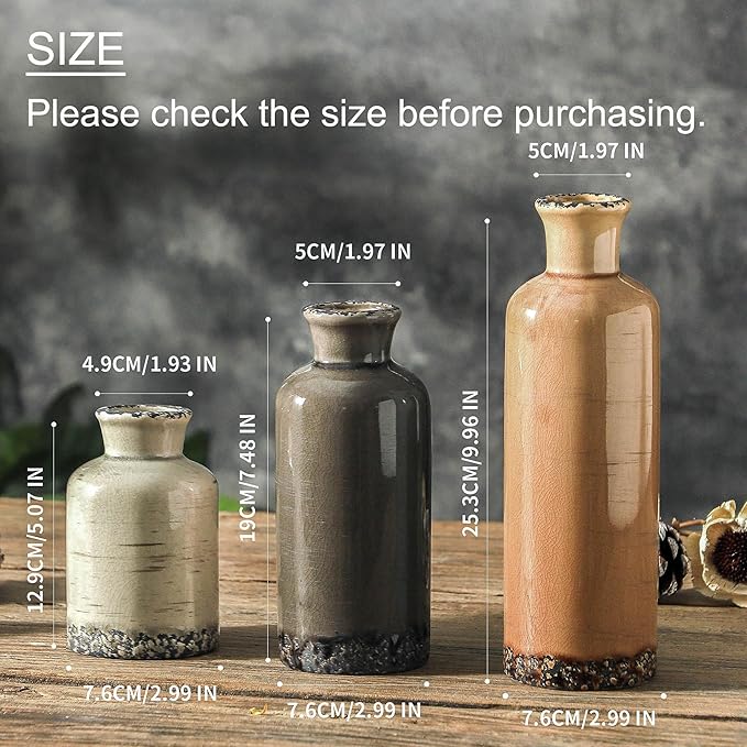 Ceramic Vase Set of 3, Neutral Flower Vases Home Decor, Pottery Rustic Farmhouse Decorative Vases Modern Decor for Table Mantel Entryway Bookshelf Living Room Kitchen Bedroom - Brown-VerdiqueGarden