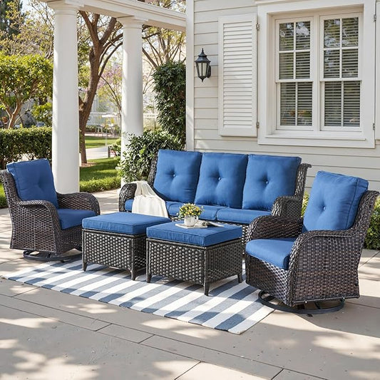 Outdoor Wicker Patio Furniture Set - 5 Piece Rattan Patio Conversation Set with 2 Rocking Swivel Chairs,2 Ottomans and 1 Sofa for Porch Deck Backyard Garden(Brown/Blue)-VerdiqueGarden
