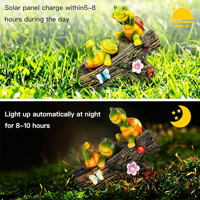 Garden Turtle Figurines Outdoor Decorations, Solar Statue Sweet Frog Face Turtles Decor with 4 LED Lights, Unique Garden Art Resin Statue Gifts for Patio Lawn Porch Yard-VerdiqueGarden