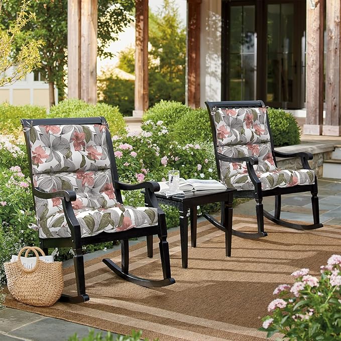 LVTXIII Outdoor Seat/Back Chair Cushion Patio Tufted High Back Cushion, Seasonal Replacement Rocking Chair Cushion with Ties (22” W x 20D”, Set of 2, Clemens Noir Pink)-VerdiqueGarden