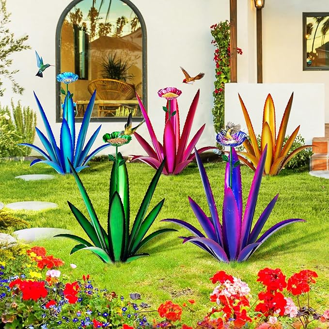 Upgraded Large Metal Yard Art, Metal Agave Plant Yard Decorations Outdoor Sculpture, Metal Flowers for Outside, Waterproof Outdoor Garden Decor (Yellow + Bird Feeder)-VerdiqueGarden