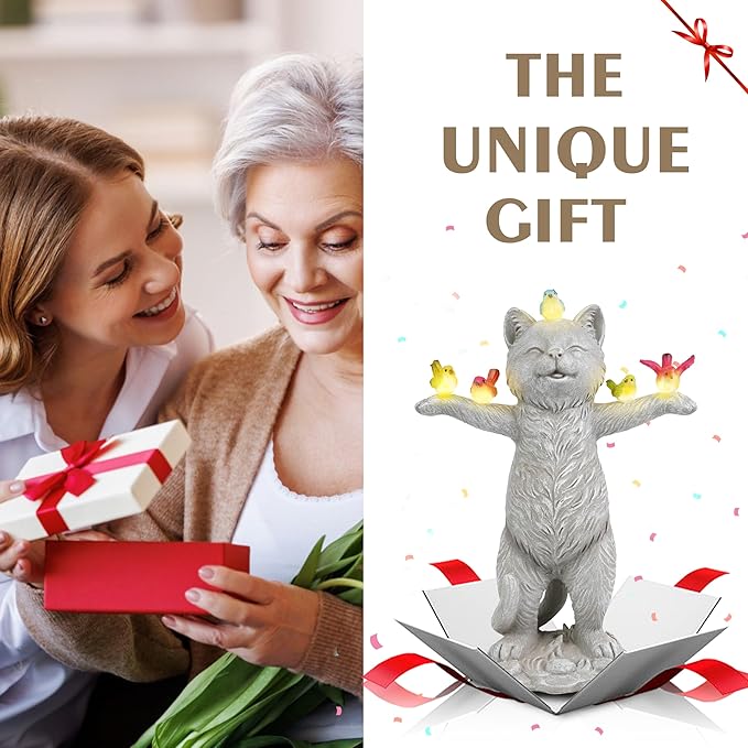 MININOVA Solar Outdoor Decorations Garden Statue Cat Figurines with Birds for Yard Patio Balcony Lawn Outside Ornaments Gifts for Women Mother Kids-VerdiqueGarden