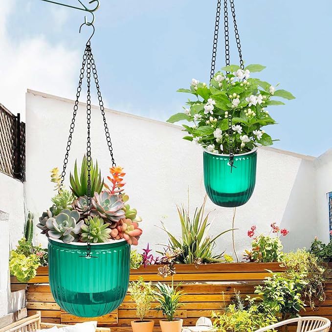4Pcs Self Watering Hanging Planters, 6.5'' 4.5'' Hanging Flower Pots, Plastic Hanging Plant Basket with Drainage Holes, Visible Hanging Planters for Indoor Plants Garden Home(Emerald)-VerdiqueGarden