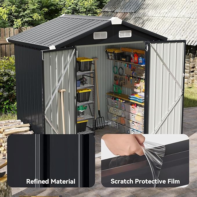 Aoxun 6.2x4 FT Shed Outdoor Galvanized Storage Shed with Large Lockable Doors for Lawn, Backyard, Patio (Black)-VerdiqueGarden