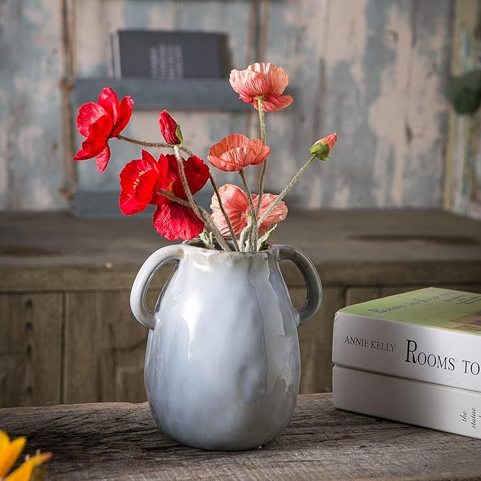 Gray Ceramic Vase with 2 Handles, Modern Farmhouse Decor, Rustic Terracotta Pottery, Decorative Flower Vases, Clay Small Vase, Centerpiece for Dining Table - 7 Inch Tall-VerdiqueGarden