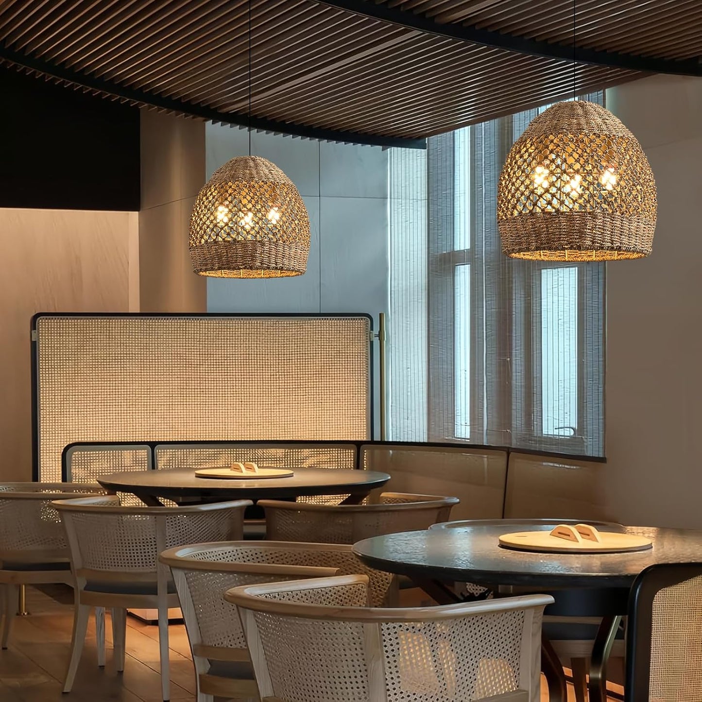 Rattan Pendant Fixtures, 13.39" Boho Wicker Chandelier,3-Light Hand-Woven Seagrass Ceiling Hanging Lights for Kitchen Islands, Dining Rooms, and Farmhouses.-VerdiqueGarden