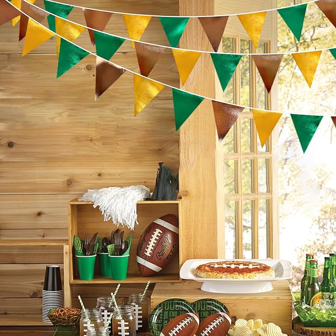 Green Gold Brown Metallic Fabric Triangle Pennant Banner Flag Bunting Garland for Football Jungle Safari Wild Woodland Birthday Baby Shower Wedding Bachelorette Graduations Party Decorations Supplies-VerdiqueGarden