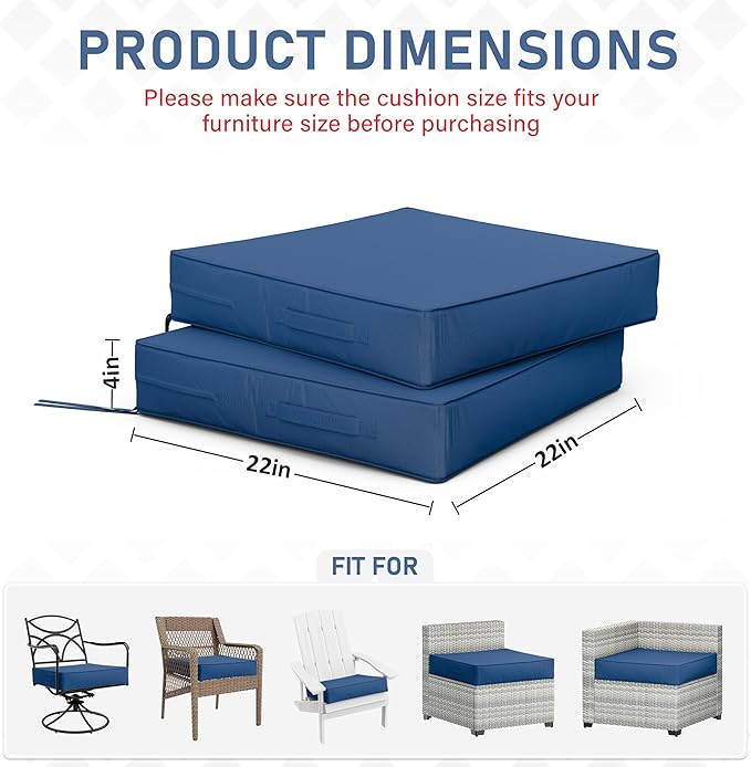 Patio Chair Cushions 22 X 22 X 4 Inch Waterproof Outdoor Seat Cushions for Patio Furniture, Outdoor Sofa Couch Pads with Ties & Handle, Set of 2, Blue-VerdiqueGarden
