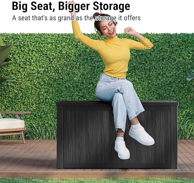 Mars Villa 180 Gallon Outdoor Storage Box Waterproof, Extra Large Resin Deck Box, Outside Storage Bin for Patio Furniture Cushions, Pool Supplies, Sports Gear, UV Resistant and Weatherproof, Black-VerdiqueGarden