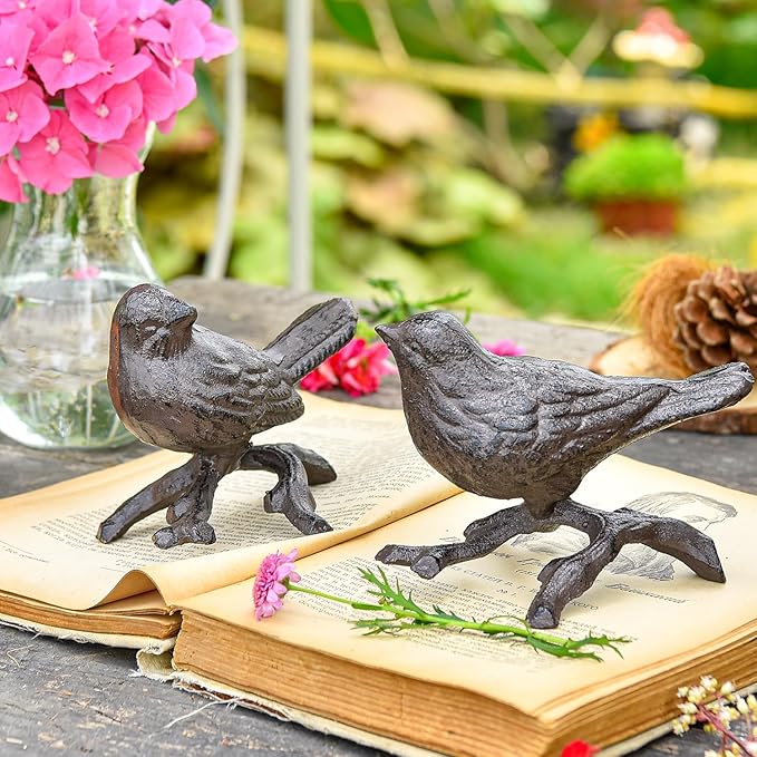 Sungmor Cast Iron Small Bird Statues, Set of 2 Realistic Rust Brown Bird with Branch Collectible Figurines, Farmhouse Home Garden Decorative Sculpture, Indoor and Outdoor Ornaments-VerdiqueGarden