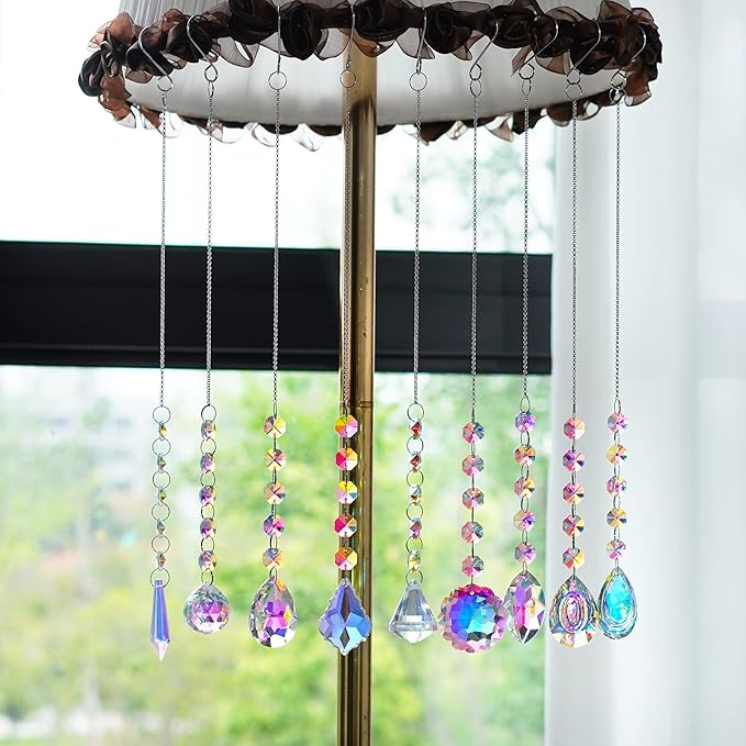KANPURA 9 PCS Crystal Rainbow Suncatchers, Hanging Crystals Sun Catchers with Chain for Windows, Colorful Suncatcher Prism Pendant Hanging Crystals for Home Wedding Decor-VerdiqueGarden