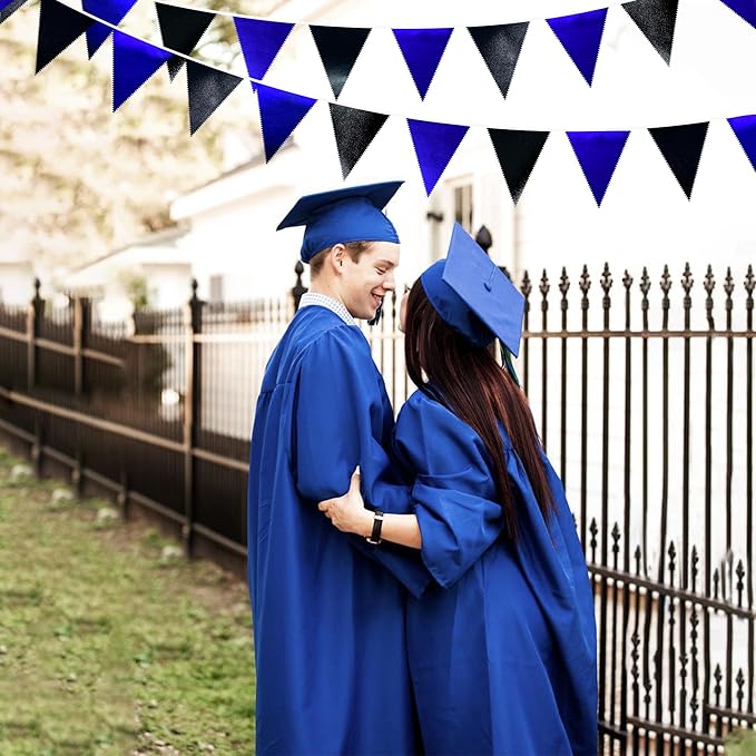 Royal Blue Black Party Decorations Navy Black Metallic Fabric Triangle Pennant Banner Flag Bunting Garland for Graduations Birthday Retirement Wedding Bachelorette Nautical Outdoor Party Supplies-VerdiqueGarden