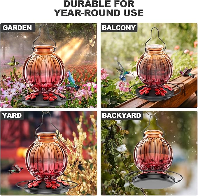 Glass Hummingbird Feeder for Outdoors Hanging, 26Oz Bird Nectar Feeder with Perch & 5 Flower Feeding Ports, Leak Proof for Outside Garden Decor Backyard, Gifts for Women Mom, Clear & Red-VerdiqueGarden