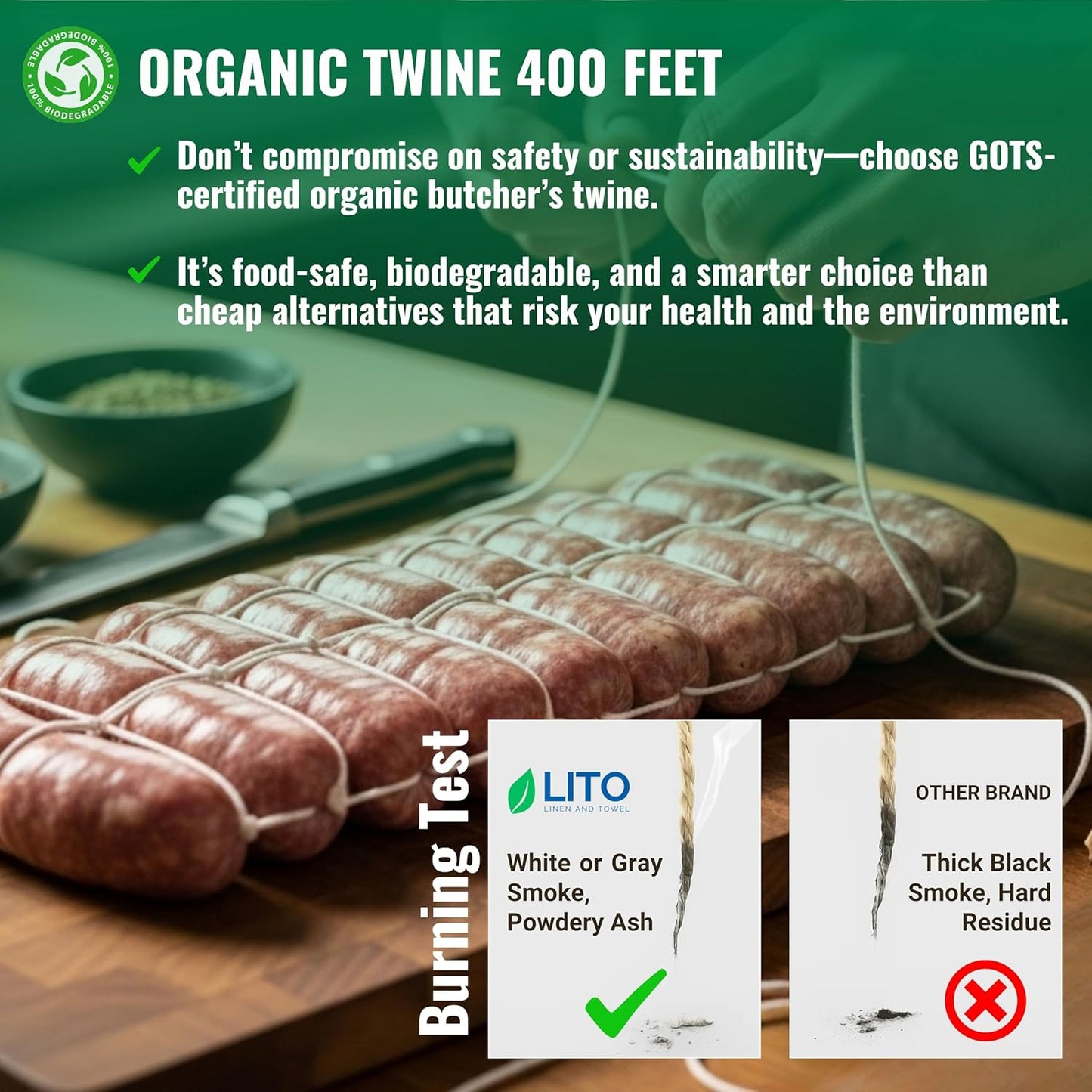 Organic Butcher’s Twine for Cooking & Trussing – 1.2mm Heavy-Duty Natural Cotton Kitchen Twine 400 Feet – Food-Safe, Oven-Safe String for Meat, Turkey, Baking, & Crafts-VerdiqueGarden