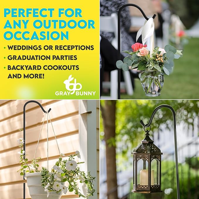Gray Bunny 35" Shepherds Hooks for Outdoor 4 Pack, Thick Bird Feeder Pole, Hanging Plant Stand, Shepherds Hook for Bird Feeder, Non-Hollow, Non-Adjustable, Extra Long Base Prongs-VerdiqueGarden